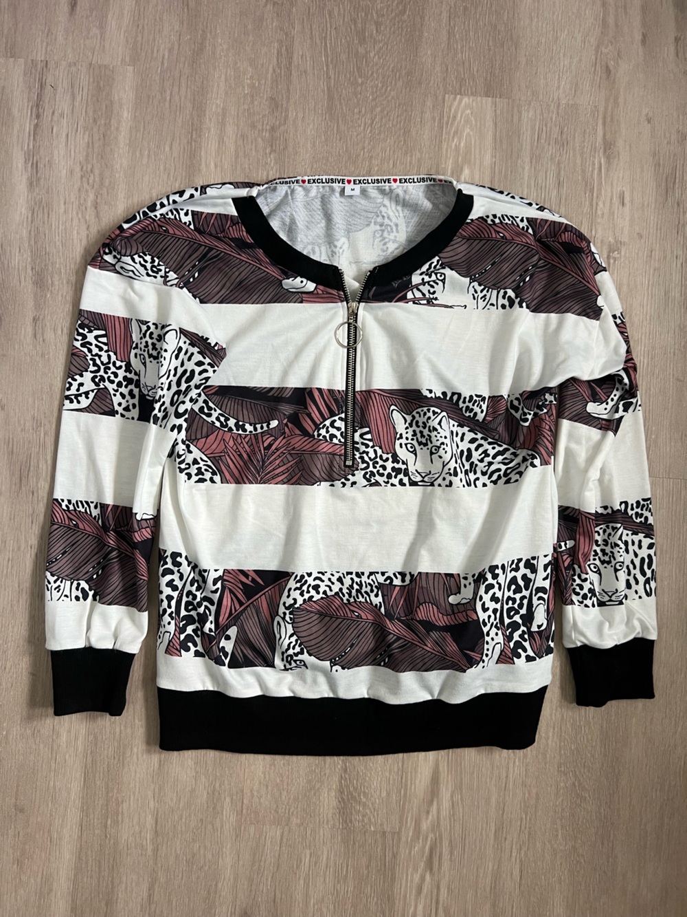 Animal & Leaf Print Sweatshirt - White & Dusty Rose Half Zip Front Striped Med